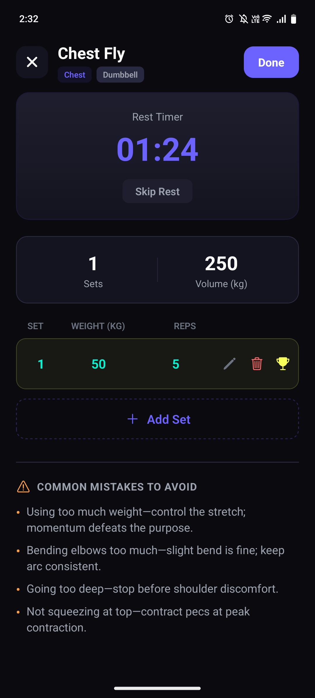 TrackIron workout tracker gym log showing sets, weight, reps, and rest timer